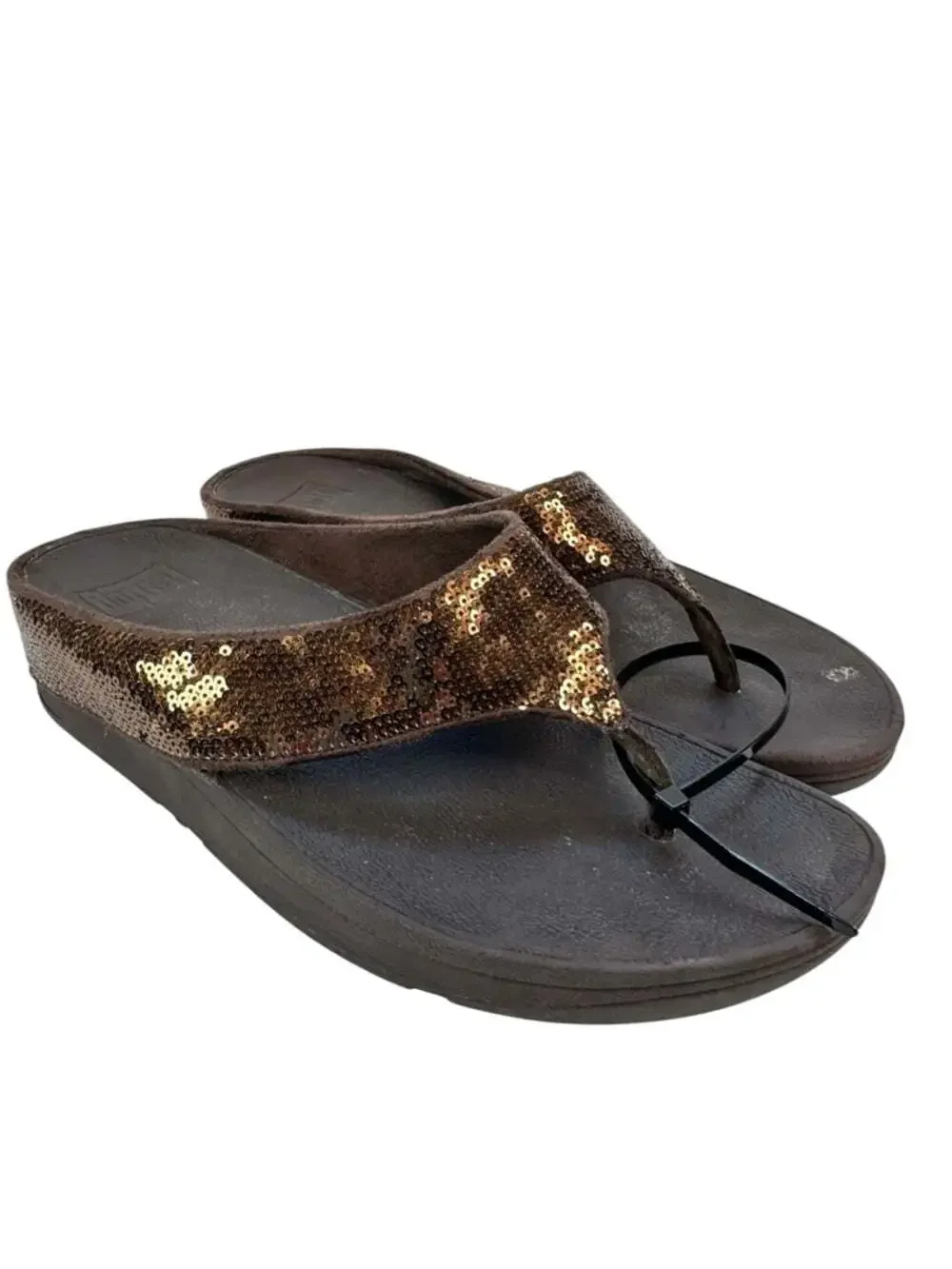 FitFlop Ringer Sequin Bronze Toe Post Sandals Womens 8 Platform Comfort
